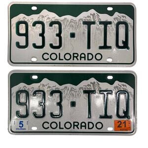 Vintage Colorado License Plate Pair 933-TIQ Green White Mountain Tag Set